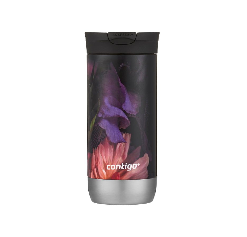 Vaso Térmico de Acero Inoxidable Contigo Huron Snapseal Couture Flores Oscuras 473ml