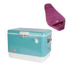 Cooler Vintage 54qt Acero Turquesa + Sleeping Bag Momia Rosado