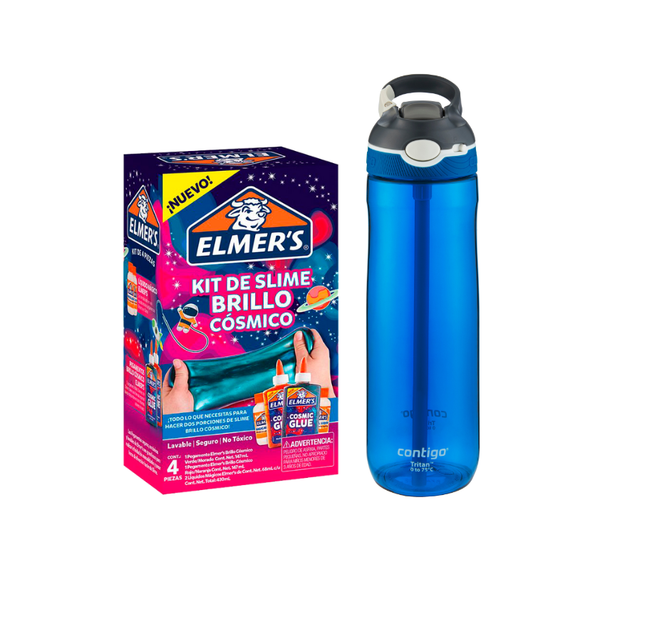 Botella De Tritan Contigo - Ashland de 709 Ml - Azul + Kit Para Hacer Slime Brillo Cósmico Elmer's 4 Piezas