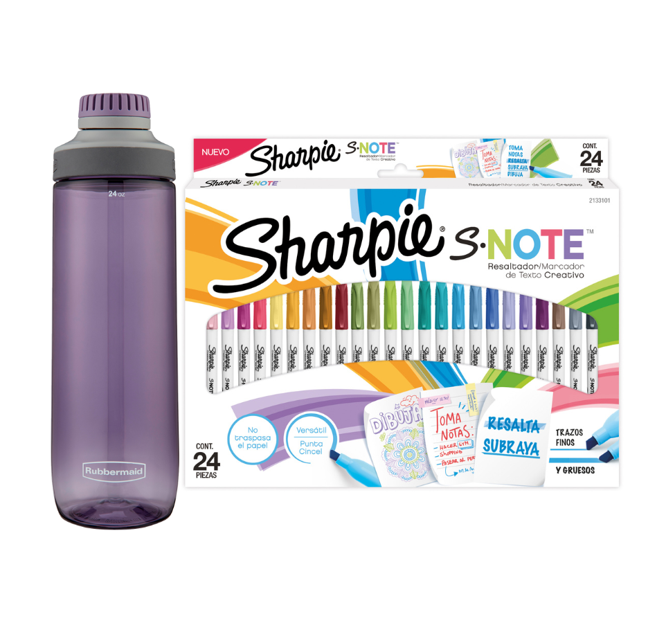Botella De Tritan Rubbermaid - Leak Proof 710 ml - Morado + Resaltador Sharpie Note Blister X24 Pastel