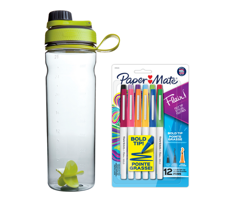 Botella de Tritan Rubbermaid Shaker 828ml Negro-Verde + Marcadores Paper Mate Flair X12 Bold