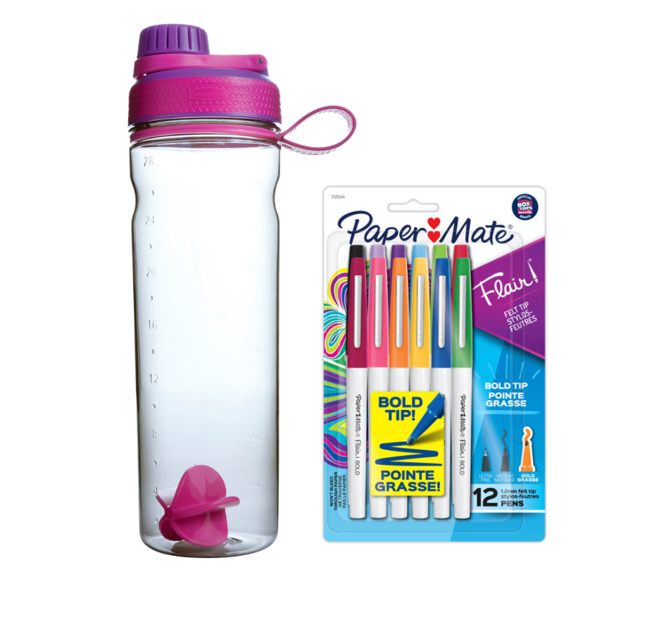 Botella de Tritan Rubbermaid Shaker 828ml Morado-Fucsia + Marcadores Paper Mate Flair X12 Bold